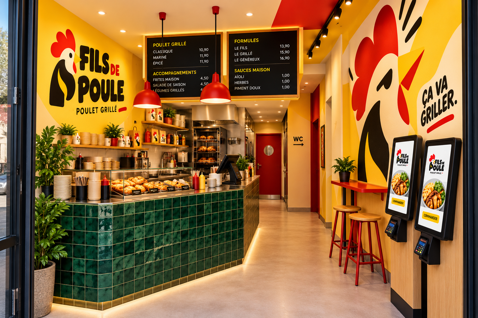 Concept du restaurant Fils de Poule : comptoir en zellige vert, murs jaunes et coq graphique